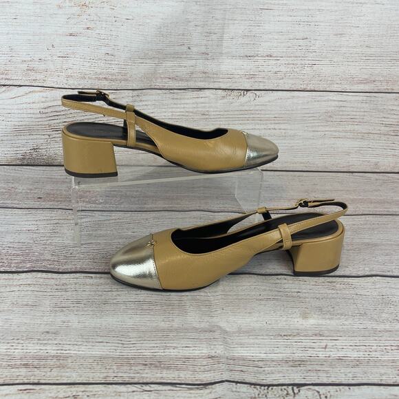 Tory Burch Cap-Toe Womens Sz 7M Slingback Heels Ginger Shortbread Spark Gold - Picture 2 of 9